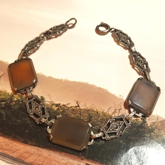 Antique Art Deco Sterling Taupe Camphor Glass Bracelet - Picture 3 of 7
